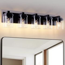 5 Light Bathroom Vanity Light, Matte Black Bathroom Light Fixtures With Clear Glass Shade, Vanity Light Fixtures Over Mirror For Bedroom Living R (Option: Default)